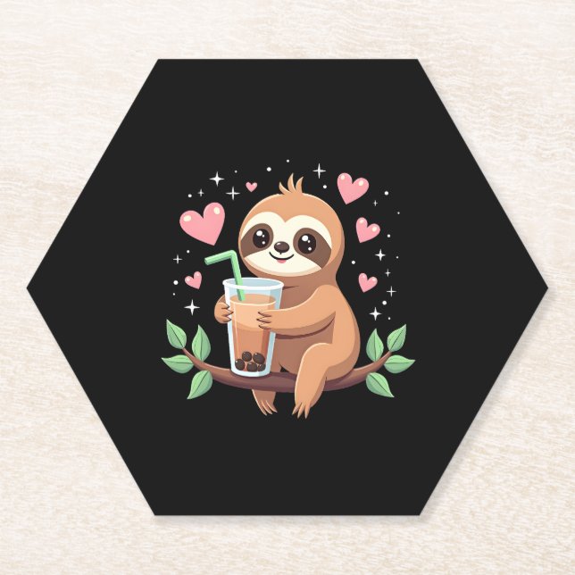 Cute Sloth Boba Bubble Milk Tea Kawaii Women Girls Paper Coaster (Front)