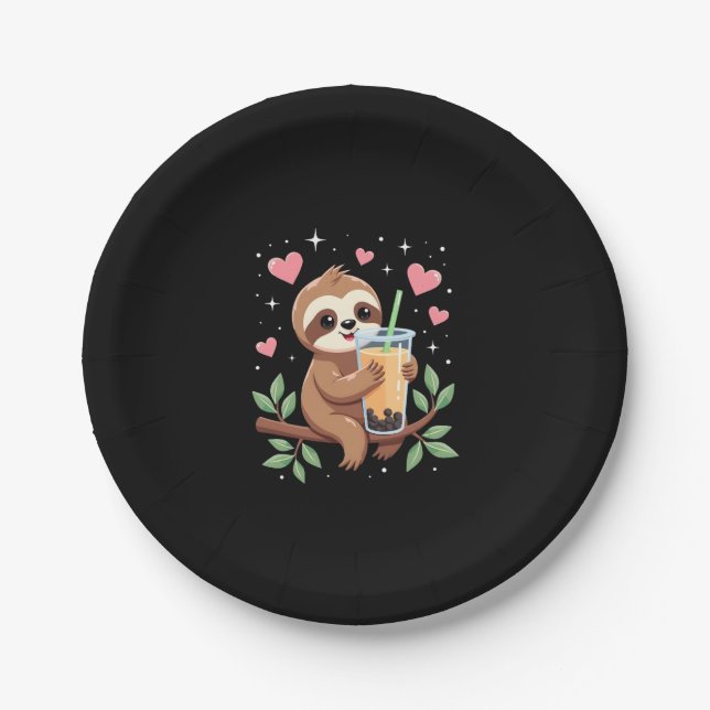 Cute Sloth Boba Bubble Milk Tea Kawaii Women Girls Paper Plate (Front)