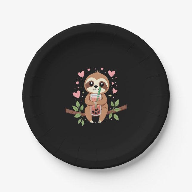 Cute Sloth Boba Bubble Milk Tea Kawaii Women Girls Paper Plate (Front)