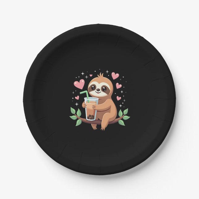 Cute Sloth Boba Bubble Milk Tea Kawaii Women Girls Paper Plate (Front)