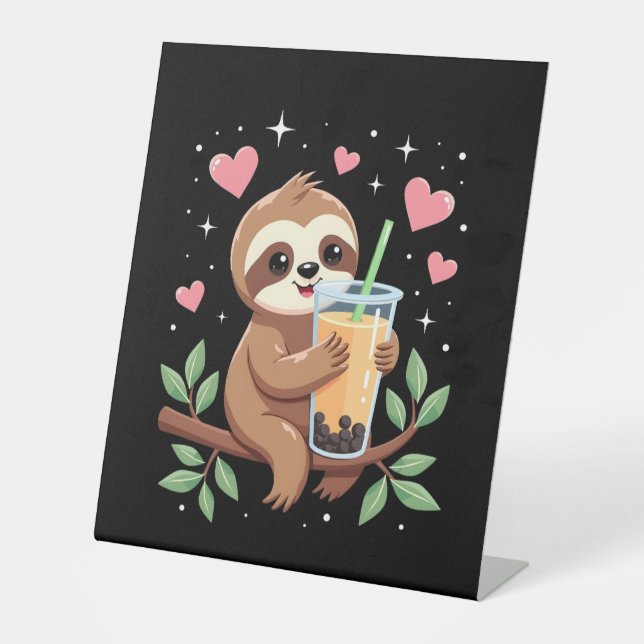 Cute Sloth Boba Bubble Milk Tea Kawaii Women Girls Pedestal Sign (Front)