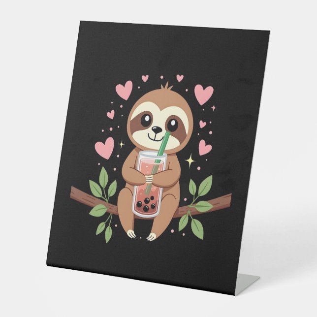 Cute Sloth Boba Bubble Milk Tea Kawaii Women Girls Pedestal Sign (Front)
