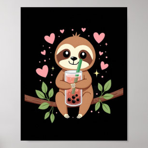 Cute Sloth Boba Bubble Milk Tea Kawaii Women Girls Poster