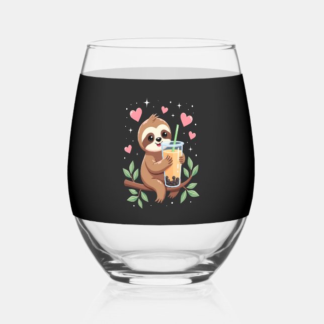 Cute Sloth Boba Bubble Milk Tea Kawaii Women Girls Stemless Wine Glass (Front)