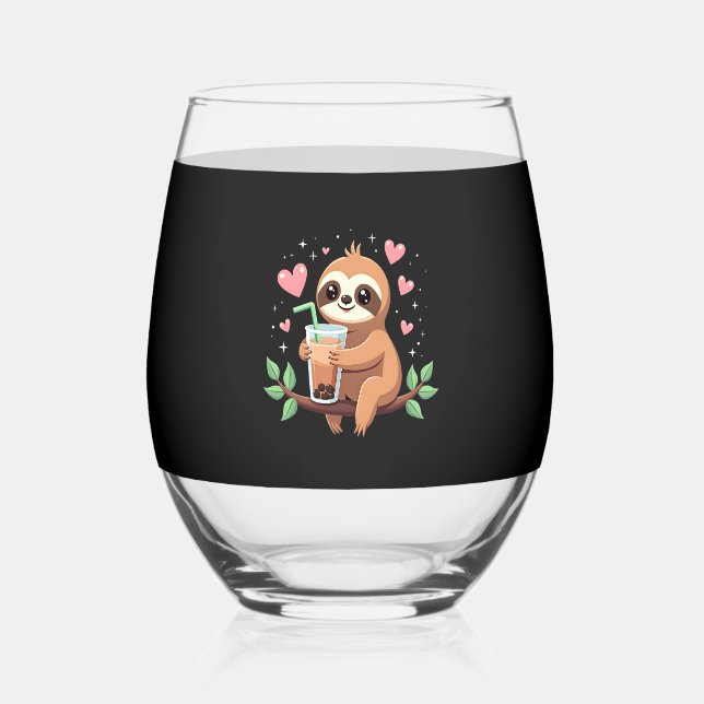 Cute Sloth Boba Bubble Milk Tea Kawaii Women Girls Stemless Wine Glass (Front)
