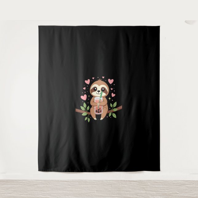 Cute Sloth Boba Bubble Milk Tea Kawaii Women Girls Tapestry (Front)