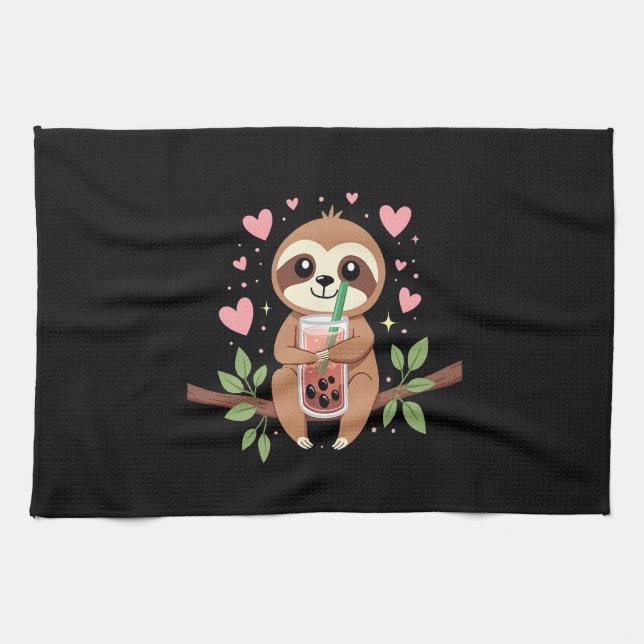 Cute Sloth Boba Bubble Milk Tea Kawaii Women Girls Tea Towel (Horizontal)