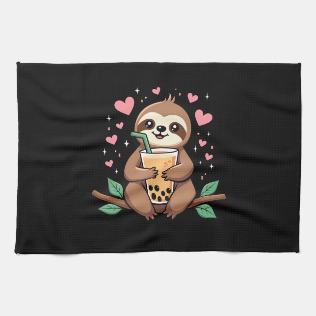 Cute Sloth Boba Bubble Milk Tea Kawaii Women Girls Tea Towel (Horizontal)