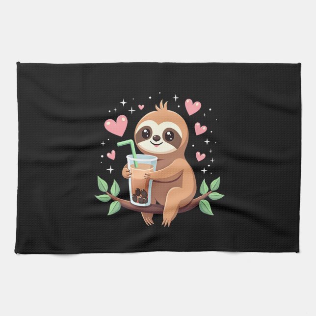 Cute Sloth Boba Bubble Milk Tea Kawaii Women Girls Tea Towel (Horizontal)