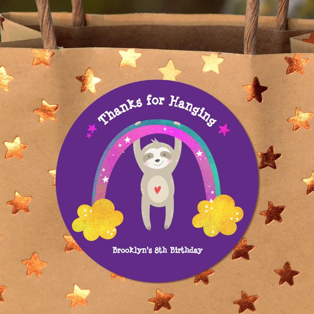 Cute Sloth Boho Rainbow Birthday Purple Thank You Classic Round Sticker (Creator Uploaded)