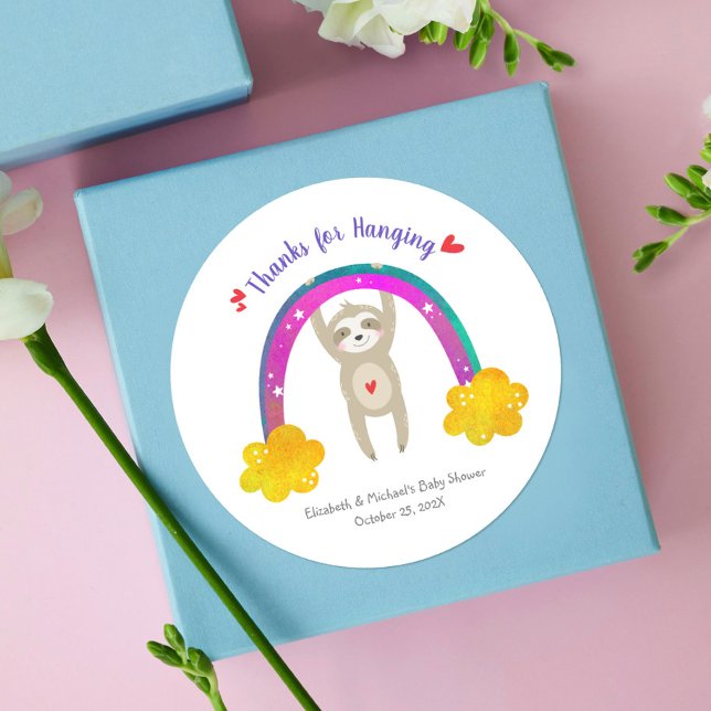 Cute Sloth Boho Rainbow Chic Baby Shower Thank You Classic Round Sticker (Creator Uploaded)