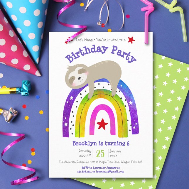 Cute Sloth Boho Rainbow Simple Modern Birthday Invitation (Creator Uploaded)