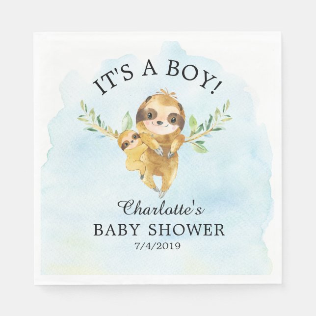 Cute Sloth Boy Baby Shower Paper Napkins (Front)