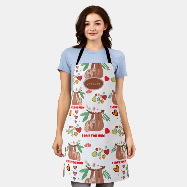 Cute Sloth Brown Pattern I Love You Mum Hearts Apron (Worn)