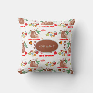 Cute Sloth Brown Pattern I Love You Mum Hearts Cushion