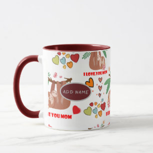 Cute Sloth Brown Pattern I Love You Mum Hearts Mug