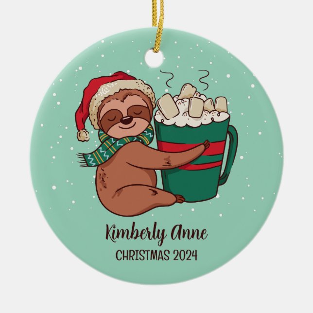 Cute Sloth Christmas Animal Snowy Winter Holiday Ceramic Tree Decoration (Front)