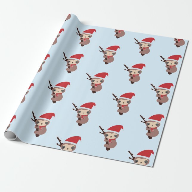 Cute Sloth Christmas Holiday Winter Kawaii Wrapping Paper (Unrolled)