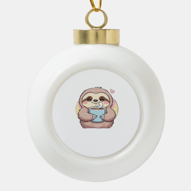 Cute Sloth Coffee Lover Shirt – Funny Fuelled by C Ceramic Ball Christmas Ornament (Front)