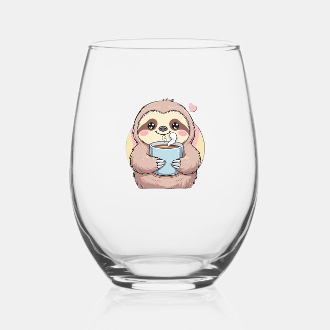 Cute Sloth Coffee Lover Shirt � Funny Fuelled by C Stemless Wine Glass (Front)