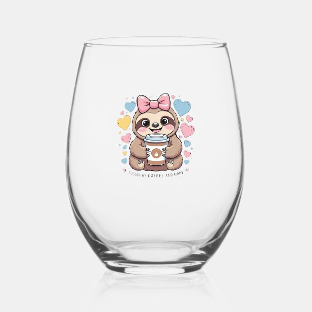 Cute Sloth Coffee Lover Shirt � Funny Fuelled by C Stemless Wine Glass (Front)