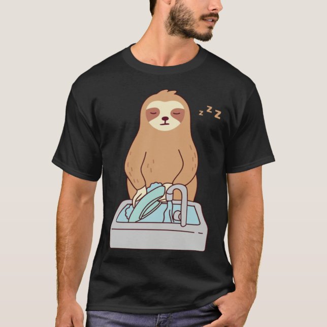 Cute Sloth Dishwashing Sleeping Tired Lazy T-Shirt (Front)