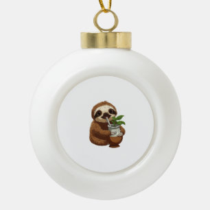 Cute Sloth Drinking Yerba Mate – Adorable Kawaii A Ceramic Ball Christmas Ornament
