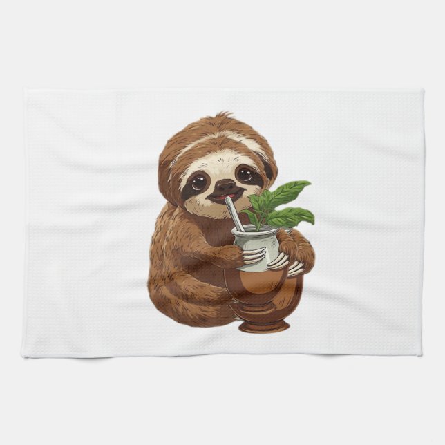 Cute Sloth Drinking Yerba Mate � Adorable Kawaii A Tea Towel (Horizontal)