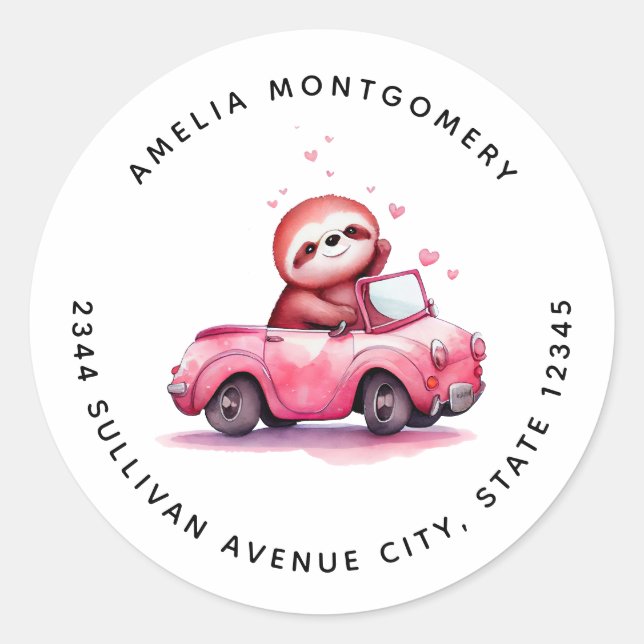Cute Sloth Driving a Pink Convertible - Address Classic Round Sticker (Front)