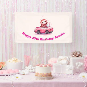 Cute Sloth Driving a Pink Convertible Birthday Banner