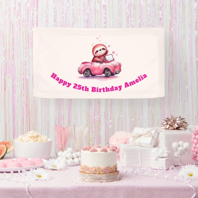 Cute Sloth Driving a Pink Convertible Birthday Banner (Party)
