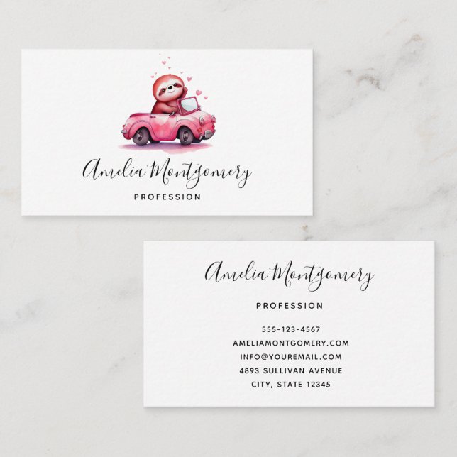 Cute Sloth Driving a Pink Convertible Business Card (Front/Back)