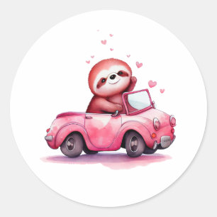 Cute Sloth Driving a Pink Convertible Classic Round Sticker