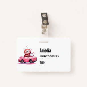 Cute Sloth Driving a Pink Convertible ID Badge