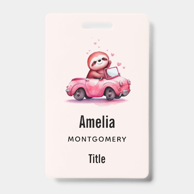 Cute Sloth Driving a Pink Convertible ID Badge (Front)