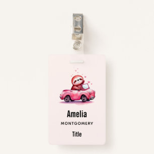 Cute Sloth Driving a Pink Convertible ID Badge