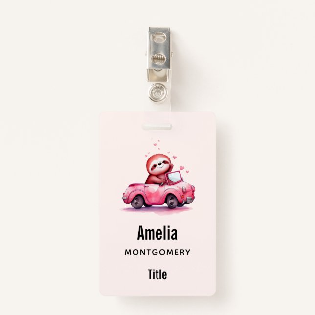 Cute Sloth Driving a Pink Convertible ID Badge (Front with Clip)
