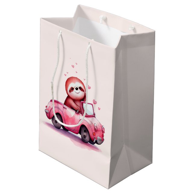 Cute Sloth Driving a Pink Convertible Medium Gift Bag (Back Angled)