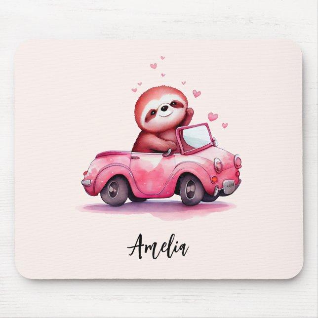 Cute Sloth Driving a Pink Convertible Mouse Mat (Front)
