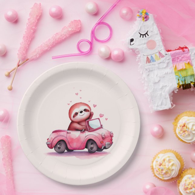 Cute Sloth Driving a Pink Convertible Paper Plate (Party)