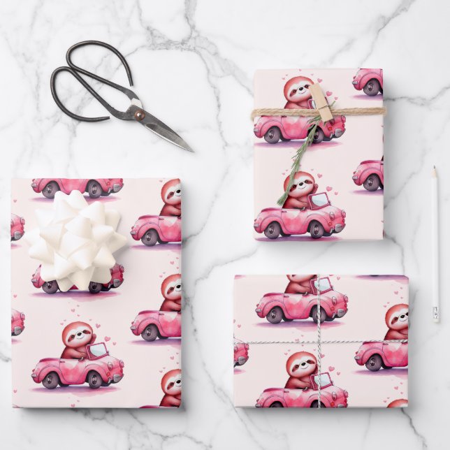 Cute Sloth Driving a Pink Convertible Pattern Wrapping Paper Sheet (Front)