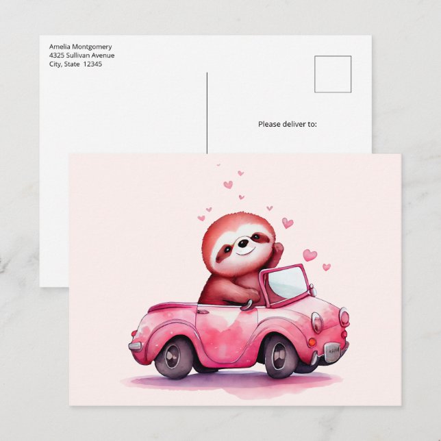 Cute Sloth Driving a Pink Convertible Postcard (Front/Back)