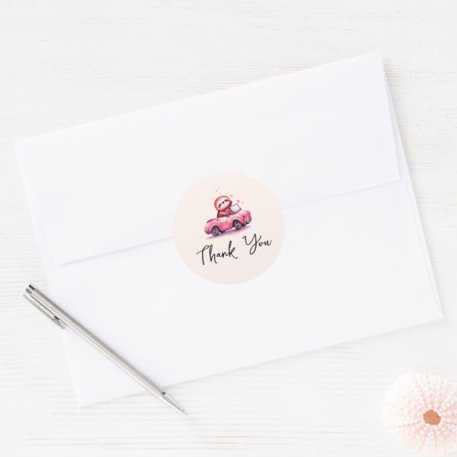 Cute Sloth Driving a Pink Convertible Thank You Classic Round Sticker (Envelope)