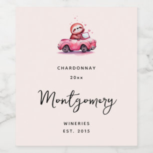 Cute Sloth Driving a Pink Convertible Wine Making Label