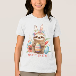 Cute Sloth Easter Bunny Rabbit Watercolor Eggs Tri-Blend Shirt