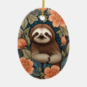 Cute Sloth Elegant Floral William Morris Inspired Ceramic Tree Decoration