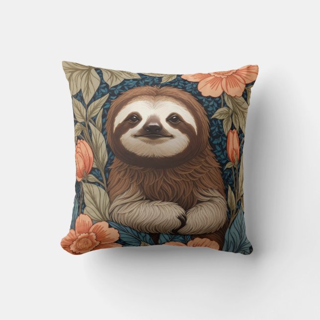 Cute Sloth Elegant Floral William Morris Inspired Cushion (Front)