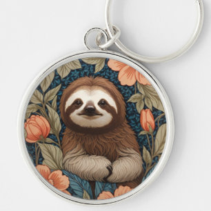 Cute Sloth Elegant Floral William Morris Inspired Key Ring