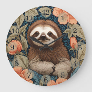 Cute Sloth Elegant Floral William Morris Inspired Large Clock
