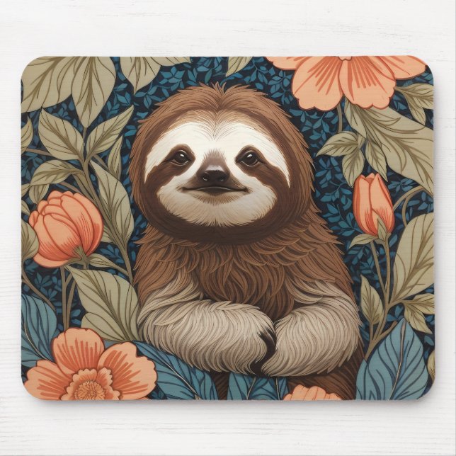 Cute Sloth Elegant Floral William Morris Inspired Mouse Mat (Front)